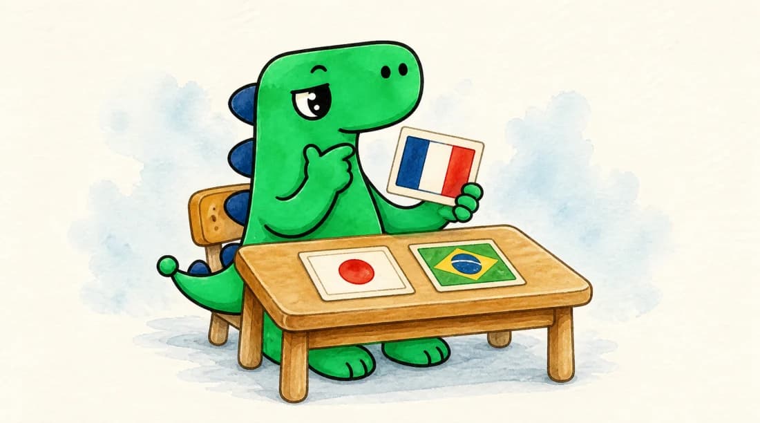 Flagzy dinosaur studying a deck of flag flashcards