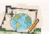 A world map and pencil on an open notebook