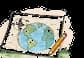 A world map and pencil on an open notebook