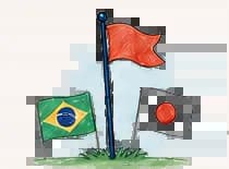 Brazil and Japan flags beside a red flag marker