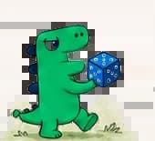 Flagzy dinosaur carrying a blue game die