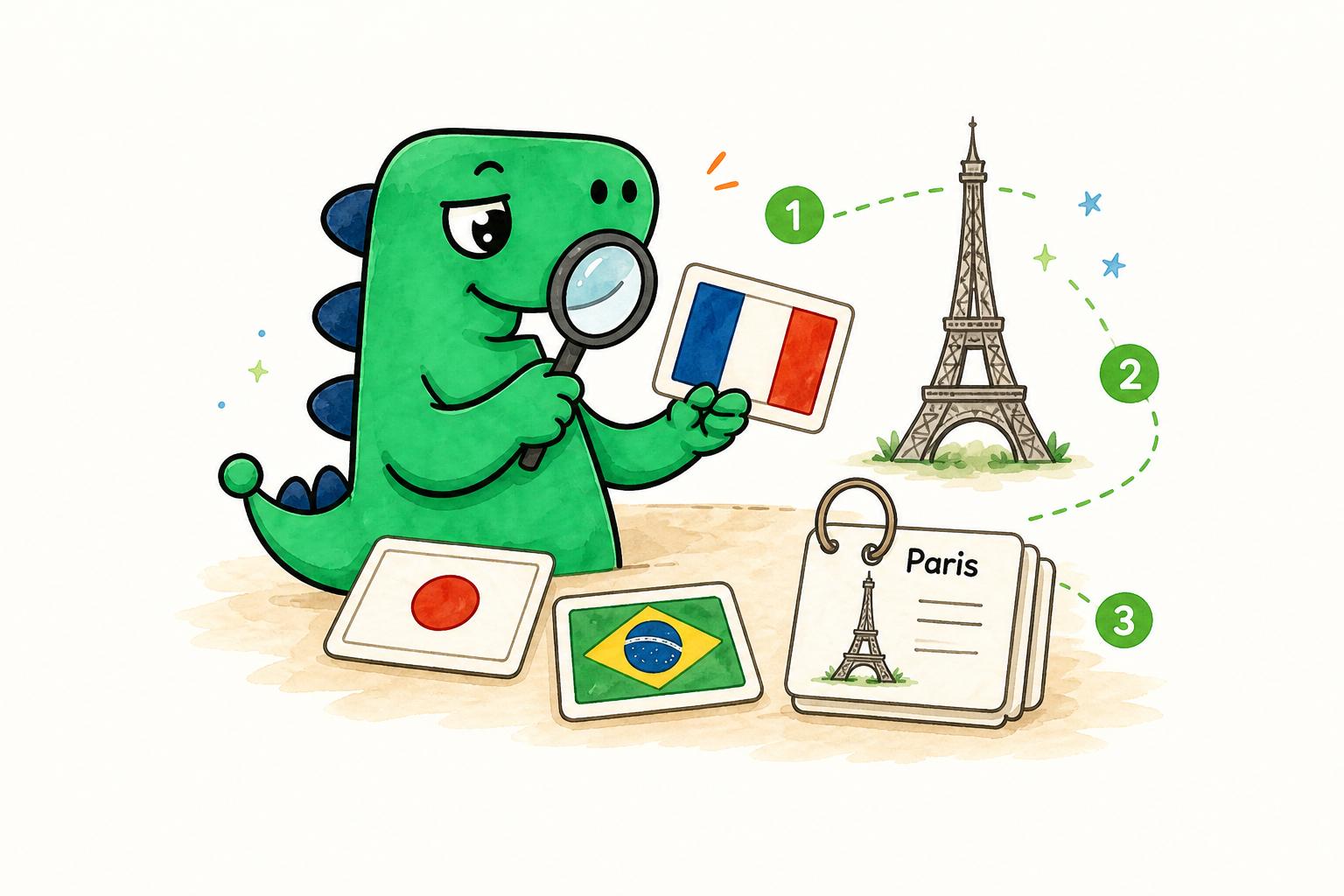 The Flagzy dinosaur uses a magnifying glass to match flags with Paris and review geography flashcards