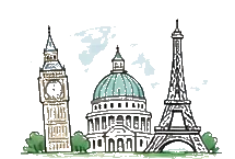 Big Ben, Saint Peter's Basilica and the Eiffel Tower