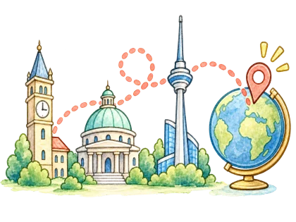 A fictional capital city connected to a globe by a dotted route
