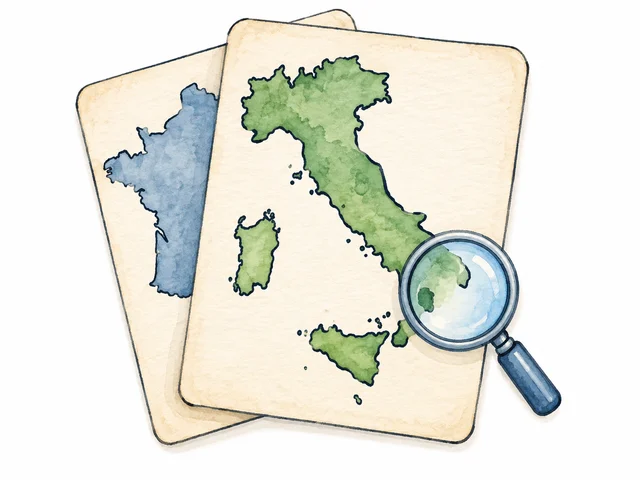 Watercolor country outline cards with a magnifying glass