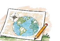 A world map and pencil on an open notebook