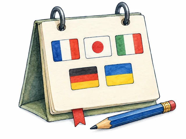 A watercolor desk calendar with five flags and a blue pencil