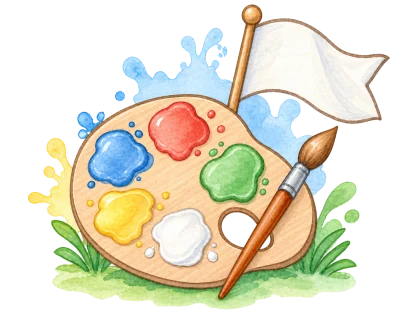 A watercolor palette with five flag colors, a paintbrush and a blank flag
