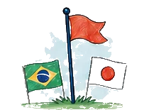 Brazil and Japan flags beside a red flag marker