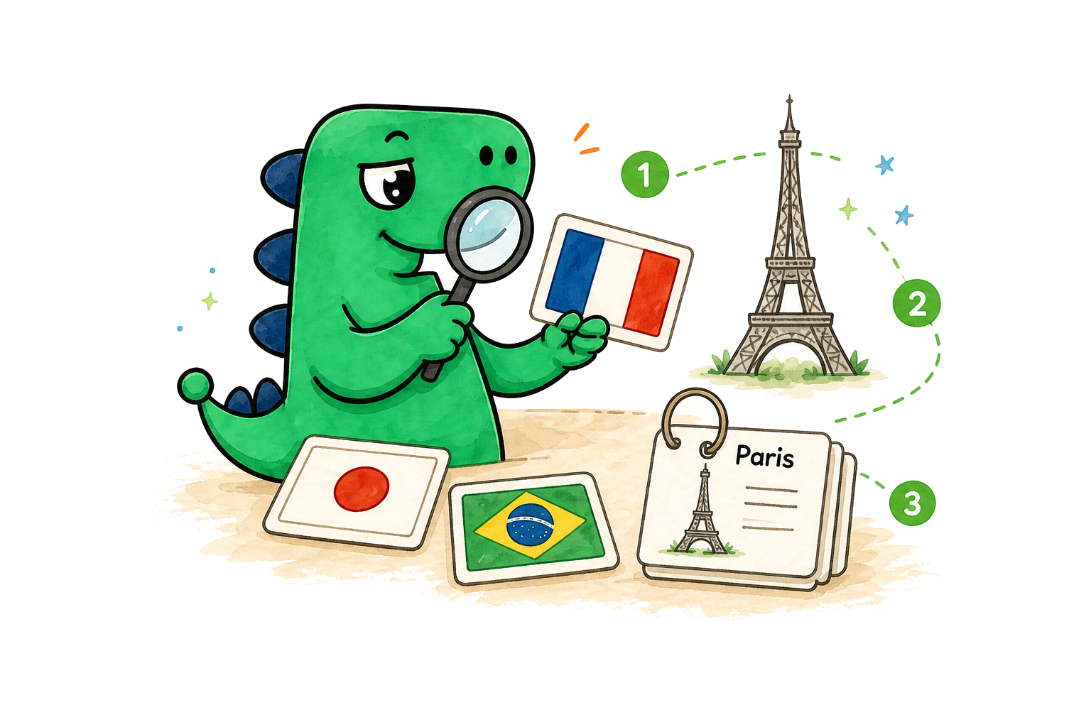 Flaggen, Paris und Geographie-Lernkarten mit einer Lupe verbinden